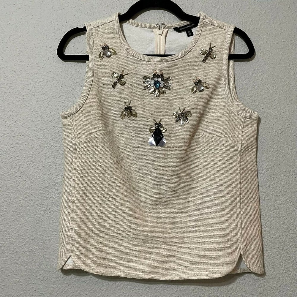 Banana Republic Cream Bee Beaded Round Neck Sleeveless Zip Blouse Top XS - Picture 1 of 10